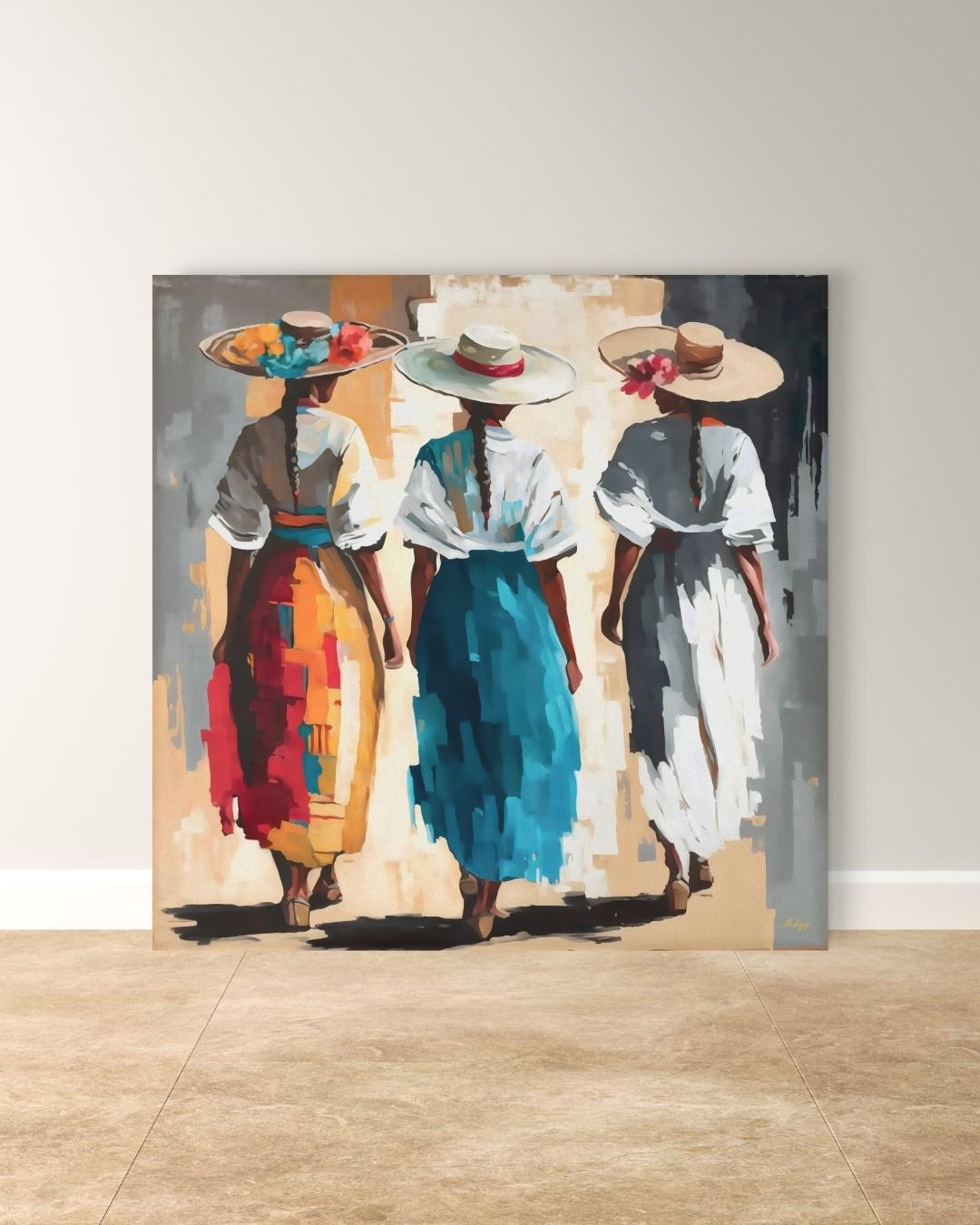 Colombian Women Wall Art Print Canvas Framed Canvas, Colorful Latin Folk Painting with Straw Hats and Flowers, Boho Living Room Decor