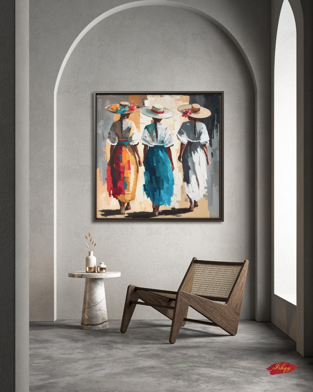 Colombian Women Wall Art Print Canvas Framed Canvas, Colorful Latin Folk Painting with Straw Hats and Flowers, Boho Living Room Decor