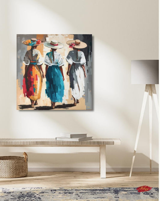 Colombian Women Wall Art Print Canvas Framed Canvas, Colorful Latin Folk Painting with Straw Hats and Flowers, Boho Living Room Decor