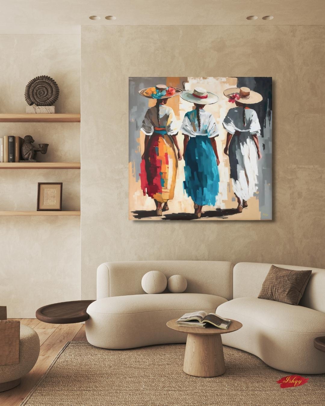 Colombian Women Wall Art Print Canvas Framed Canvas, Colorful Latin Folk Painting with Straw Hats and Flowers, Boho Living Room Decor