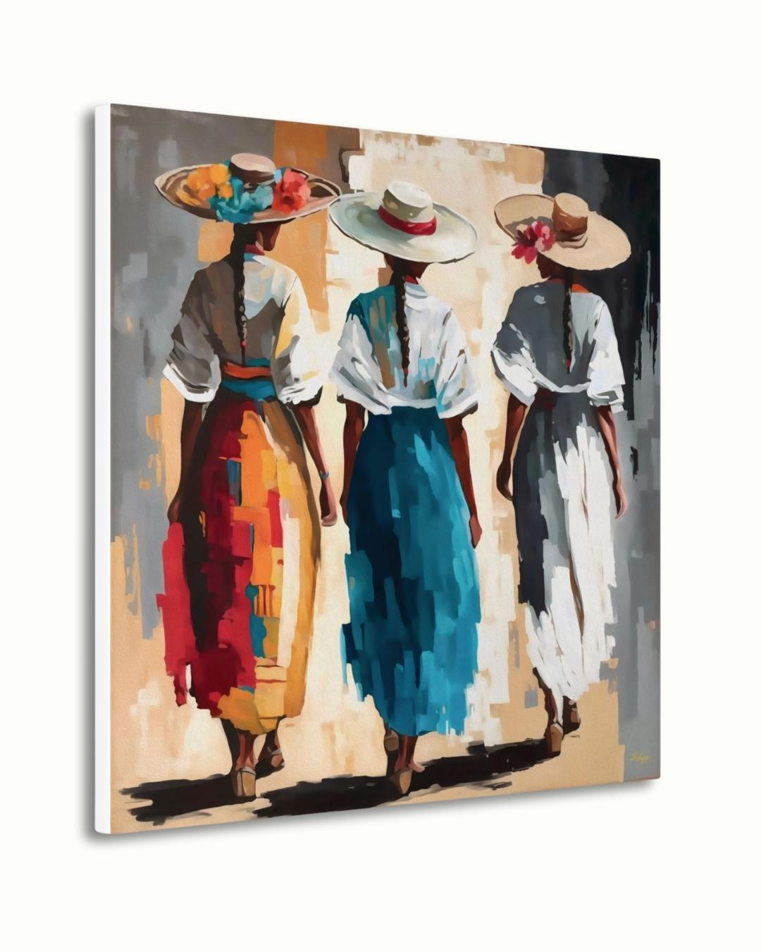 Colombian Women Wall Art Print Canvas Framed Canvas, Colorful Latin Folk Painting with Straw Hats and Flowers, Boho Living Room Decor