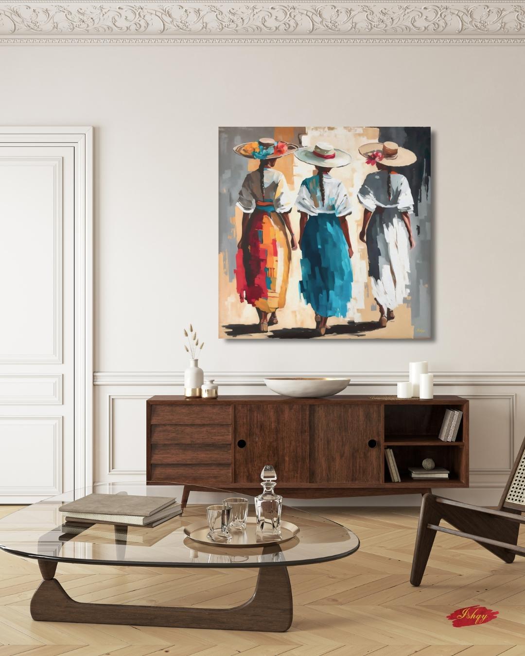 Colombian Women Wall Art Print Canvas Framed Canvas, Colorful Latin Folk Painting with Straw Hats and Flowers, Boho Living Room Decor