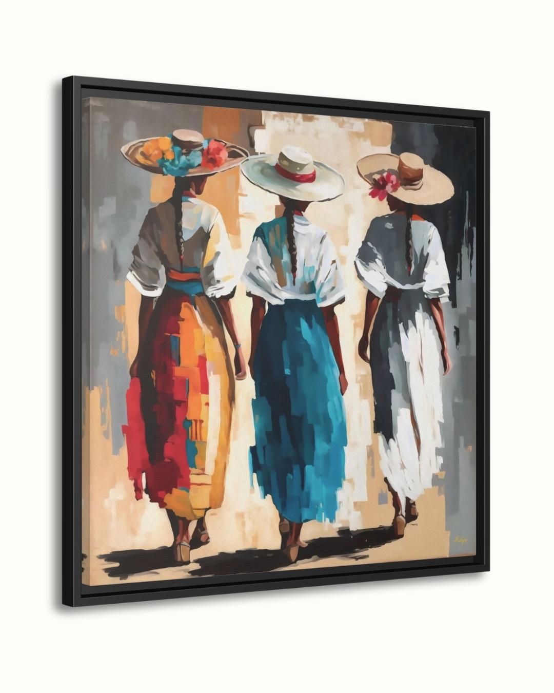 Colombian Women Wall Art Print Canvas Framed Canvas, Colorful Latin Folk Painting with Straw Hats and Flowers, Boho Living Room Decor