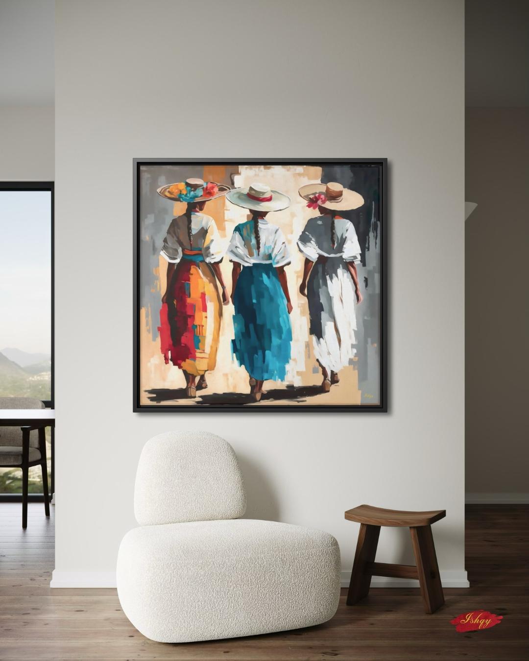 Colombian Women Wall Art Print Canvas Framed Canvas, Colorful Latin Folk Painting with Straw Hats and Flowers, Boho Living Room Decor