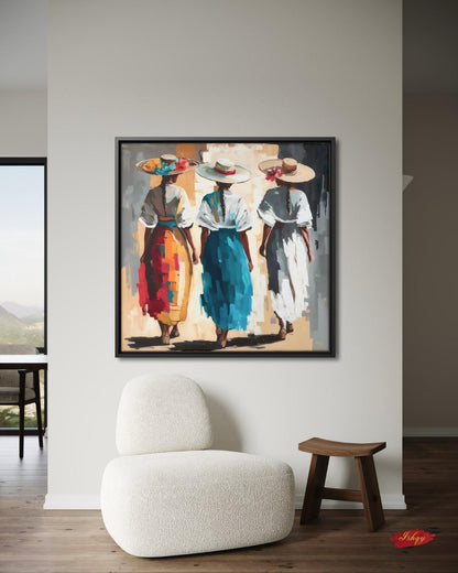 Colombian Women Wall Art Print Canvas Framed Canvas, Colorful Latin Folk Painting with Straw Hats and Flowers, Boho Living Room Decor