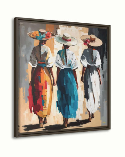 Colombian Women Wall Art Print Canvas Framed Canvas, Colorful Latin Folk Painting with Straw Hats and Flowers, Boho Living Room Decor