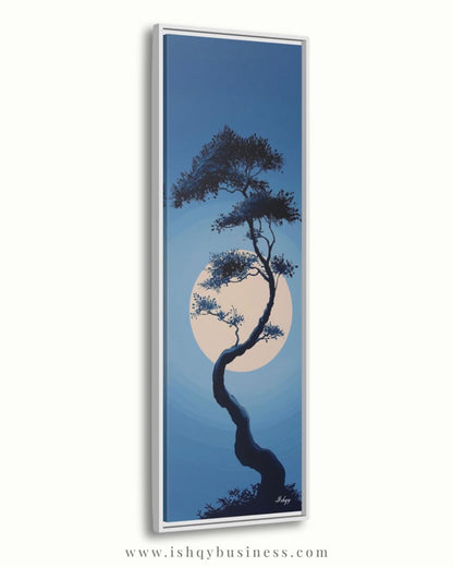 Moonlit Bonsai Tree Wall Art, Japanese Zen Landscape Canvas, Minimal Blue Night Painting, Tranquil Nature Print, Serene Asian Home Decor