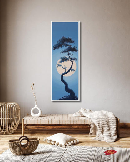 Moonlit Bonsai Tree Wall Art, Japanese Zen Landscape Canvas, Minimal Blue Night Painting, Tranquil Nature Print, Serene Asian Home Decor