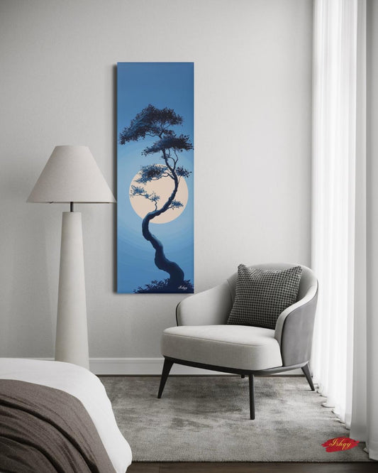 Moonlit Bonsai Tree Wall Art, Japanese Zen Landscape Canvas, Minimal Blue Night Painting, Tranquil Nature Print, Serene Asian Home Decor
