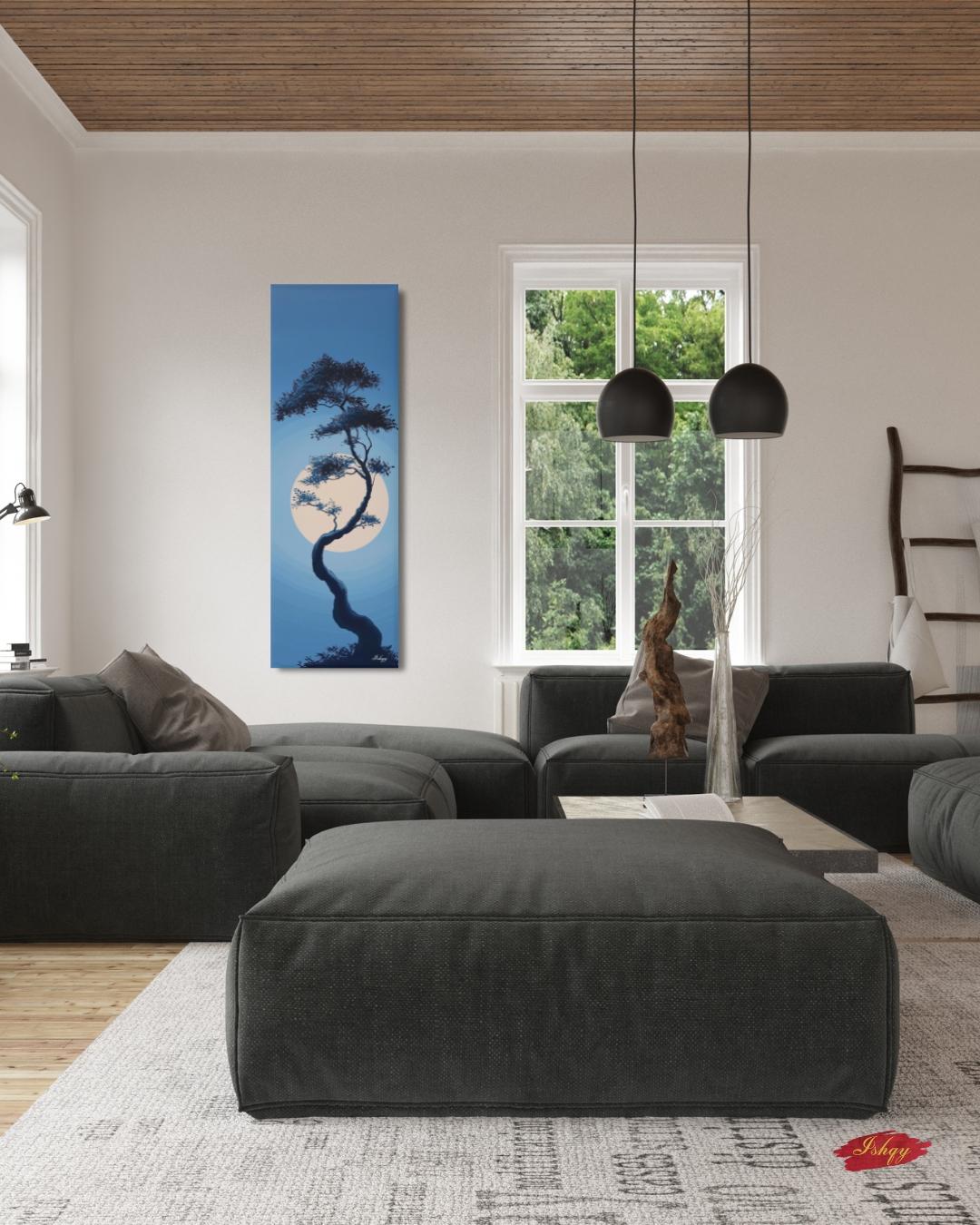 Moonlit Bonsai Tree Wall Art, Japanese Zen Landscape Canvas, Minimal Blue Night Painting, Tranquil Nature Print, Serene Asian Home Decor