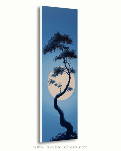 Moonlit Bonsai Tree Wall Art, Japanese Zen Landscape Canvas, Minimal Blue Night Painting, Tranquil Nature Print, Serene Asian Home Decor