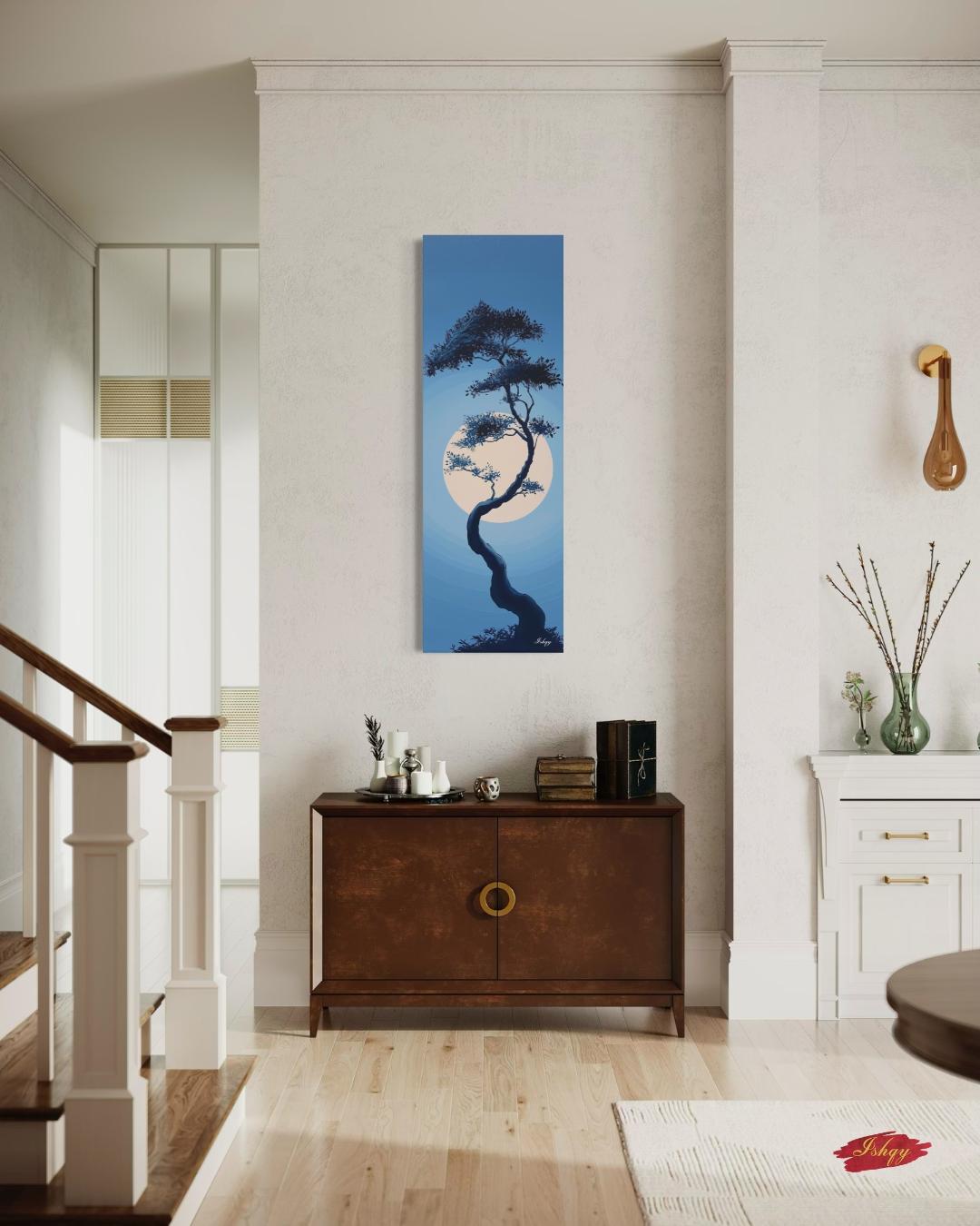 Moonlit Bonsai Tree Wall Art, Japanese Zen Landscape Canvas, Minimal Blue Night Painting, Tranquil Nature Print, Serene Asian Home Decor