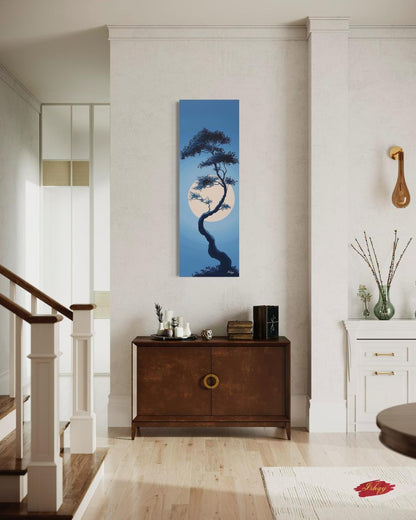 Moonlit Bonsai Tree Wall Art, Japanese Zen Landscape Canvas, Minimal Blue Night Painting, Tranquil Nature Print, Serene Asian Home Decor
