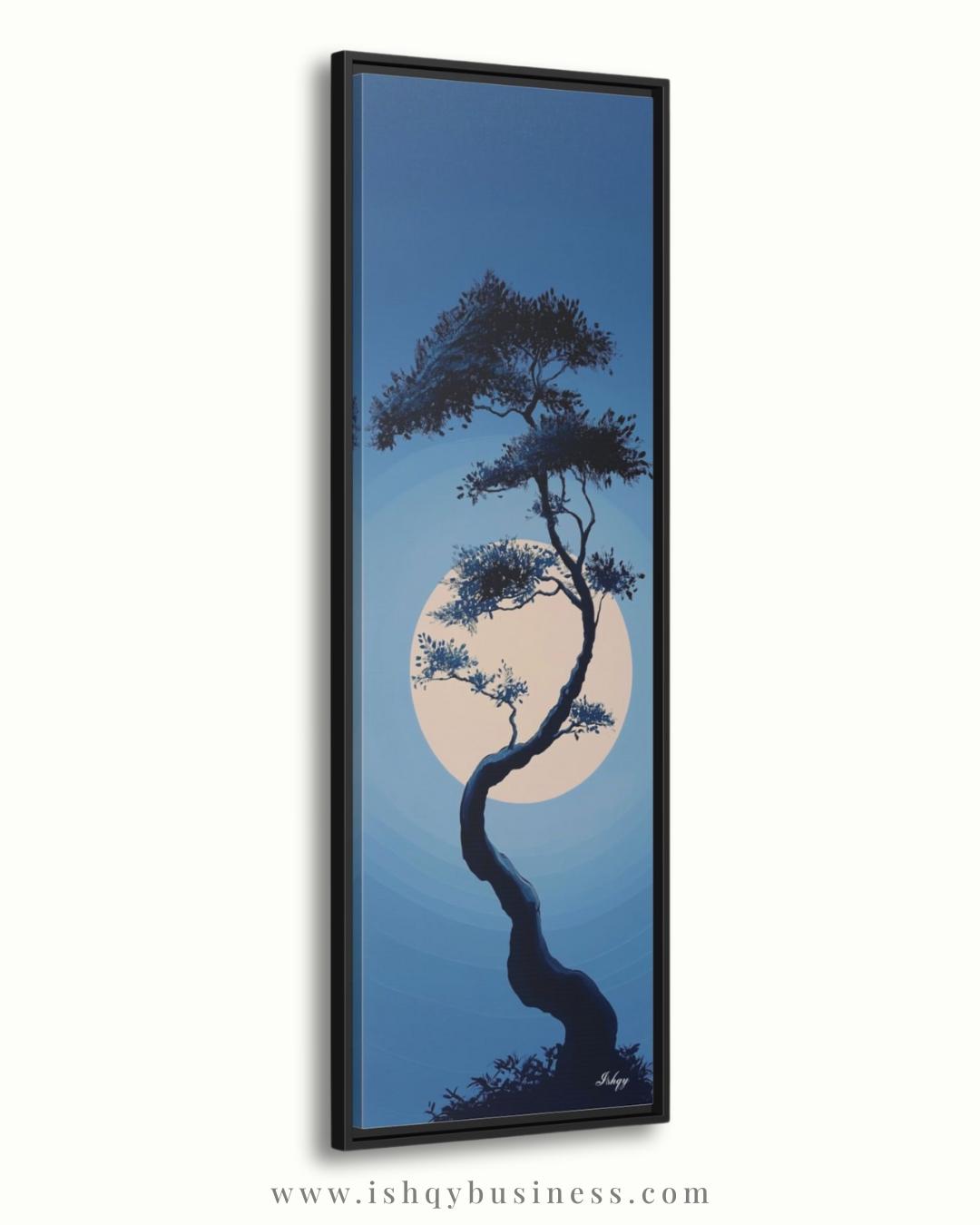 Moonlit Bonsai Tree Wall Art, Japanese Zen Landscape Canvas, Minimal Blue Night Painting, Tranquil Nature Print, Serene Asian Home Decor