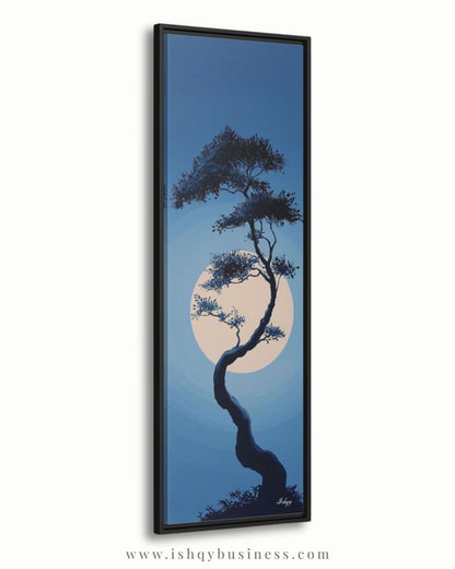 Moonlit Bonsai Tree Wall Art, Japanese Zen Landscape Canvas, Minimal Blue Night Painting, Tranquil Nature Print, Serene Asian Home Decor
