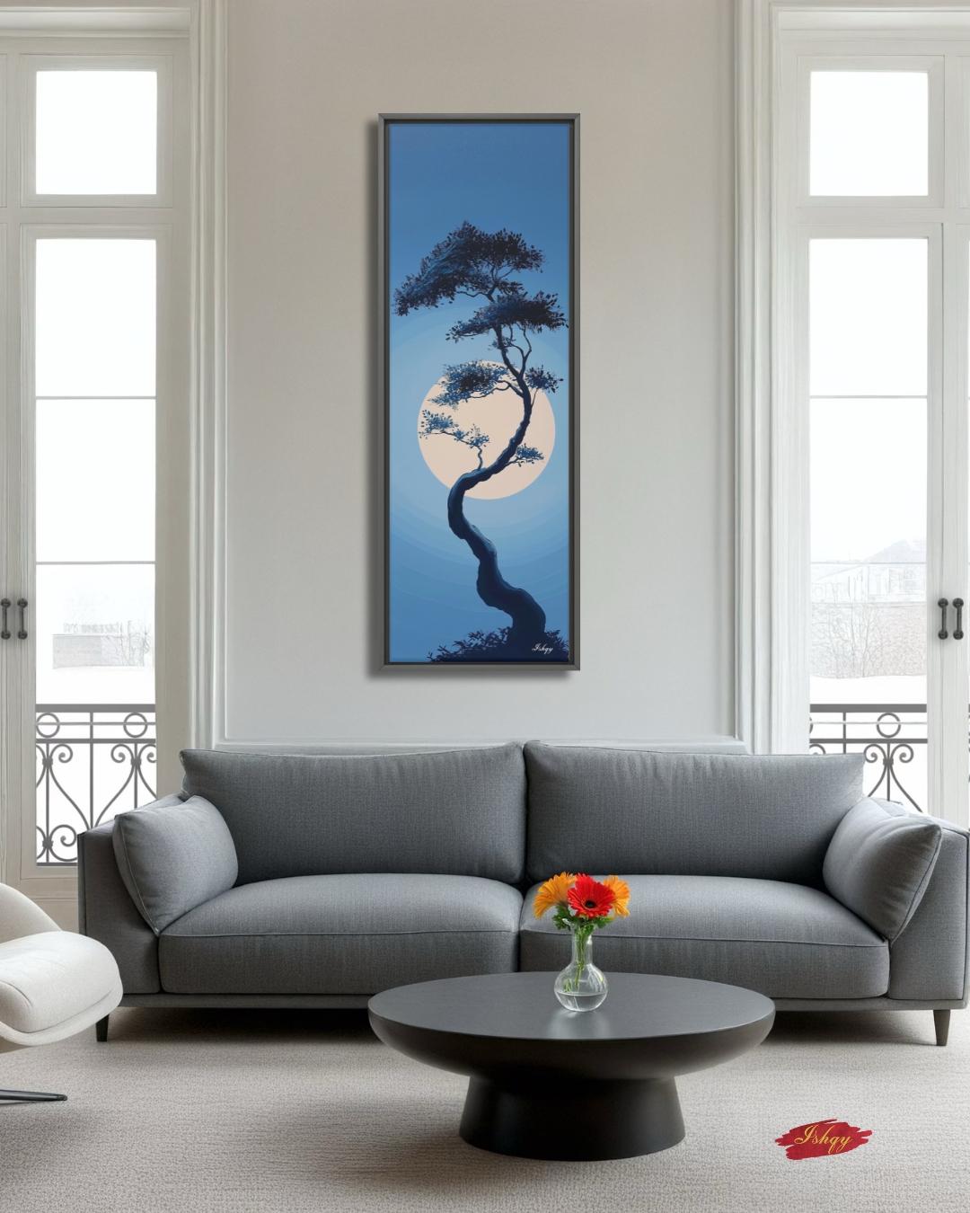 Moonlit Bonsai Tree Wall Art, Japanese Zen Landscape Canvas, Minimal Blue Night Painting, Tranquil Nature Print, Serene Asian Home Decor