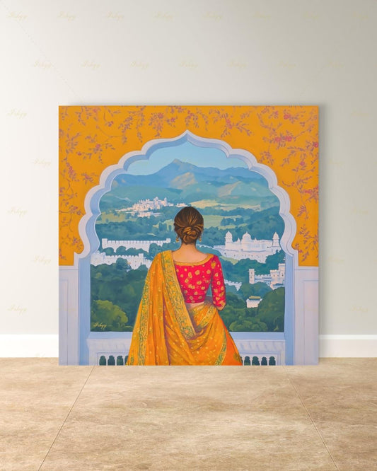 Back-view artwork of a woman in a marigold and red embroidered saree with an updo, looking through a scalloped Mughal archway at a landscape of white hilltop palaces, green hills, and blue mountains, with floral motifs on an orange border.