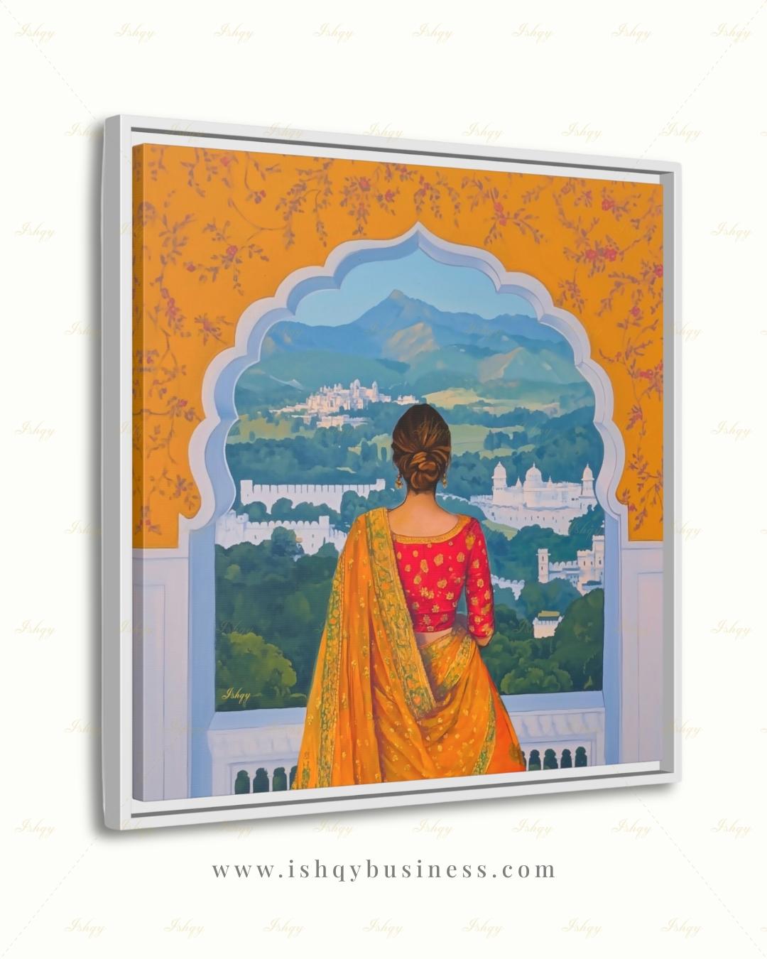 Back-view artwork of a woman in a marigold and red embroidered saree with an updo, looking through a scalloped Mughal archway at a landscape of white hilltop palaces, green hills, and blue mountains, with floral motifs on an orange border.