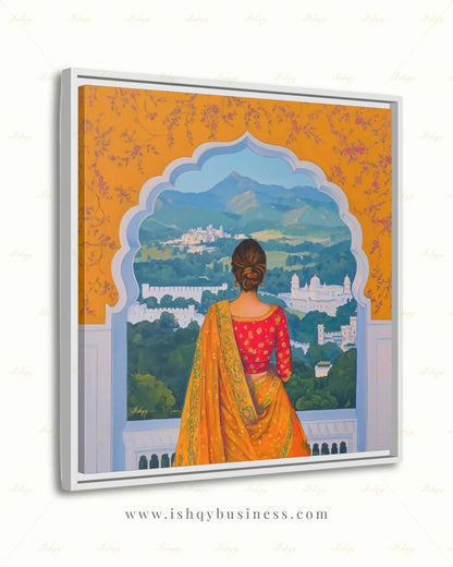 Back-view artwork of a woman in a marigold and red embroidered saree with an updo, looking through a scalloped Mughal archway at a landscape of white hilltop palaces, green hills, and blue mountains, with floral motifs on an orange border.