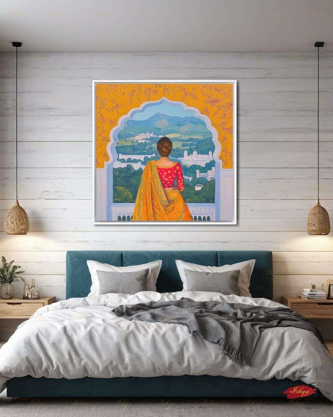 Back-view artwork of a woman in a marigold and red embroidered saree with an updo, looking through a scalloped Mughal archway at a landscape of white hilltop palaces, green hills, and blue mountains, with floral motifs on an orange border.