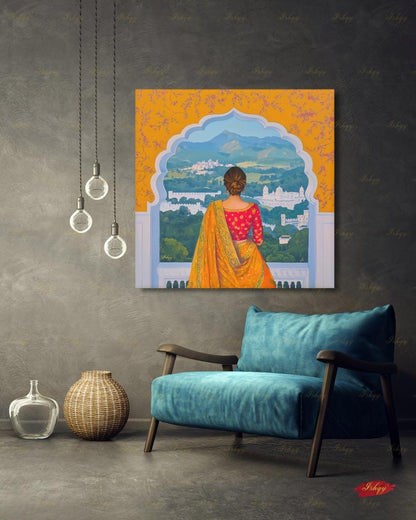 Back-view artwork of a woman in a marigold and red embroidered saree with an updo, looking through a scalloped Mughal archway at a landscape of white hilltop palaces, green hills, and blue mountains, with floral motifs on an orange border.