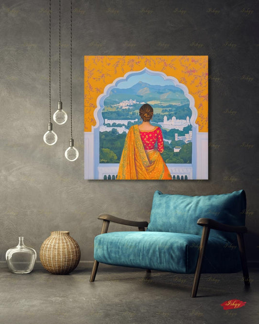 Back-view artwork of a woman in a marigold and red embroidered saree with an updo, looking through a scalloped Mughal archway at a landscape of white hilltop palaces, green hills, and blue mountains, with floral motifs on an orange border.