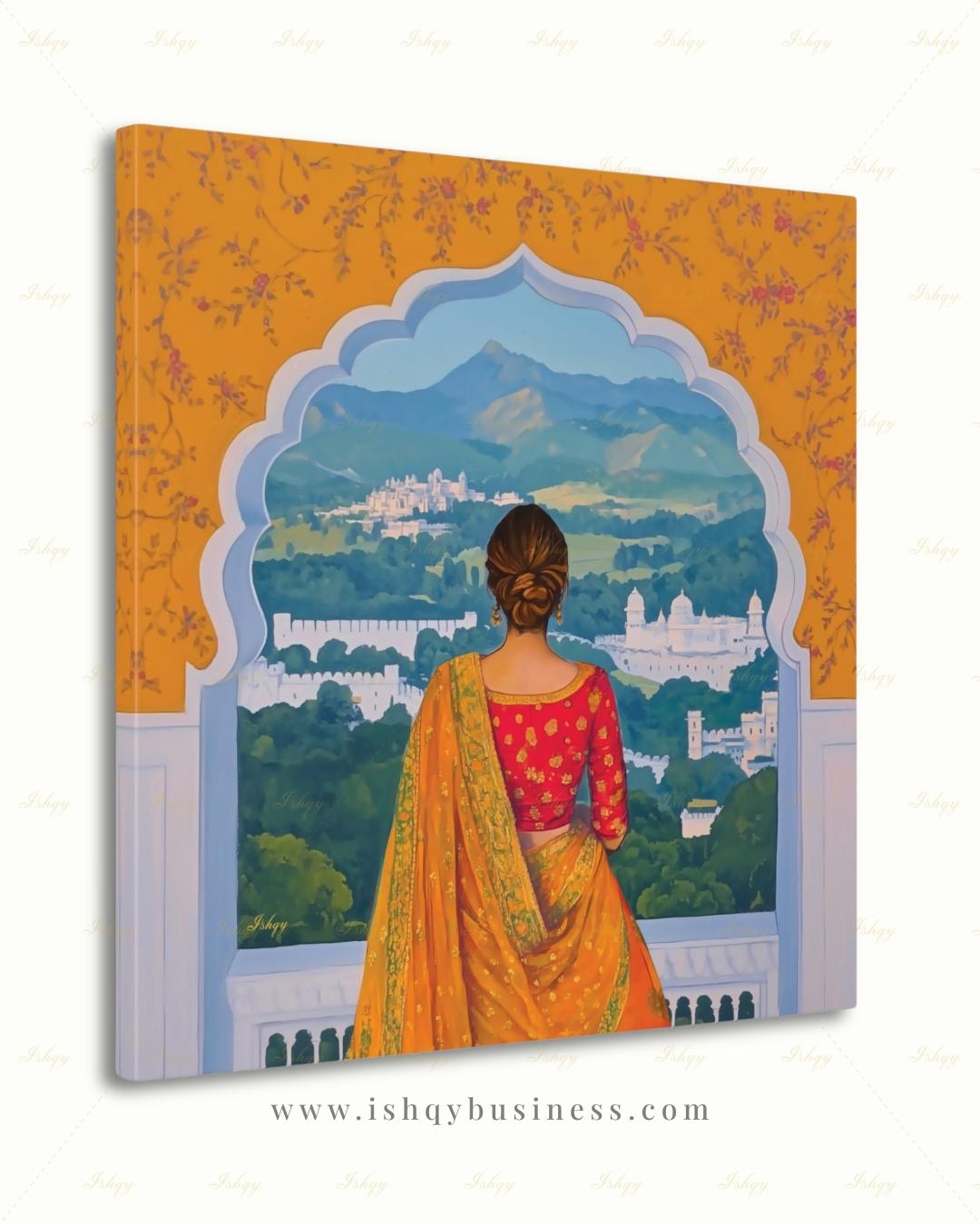 Back-view artwork of a woman in a marigold and red embroidered saree with an updo, looking through a scalloped Mughal archway at a landscape of white hilltop palaces, green hills, and blue mountains, with floral motifs on an orange border.