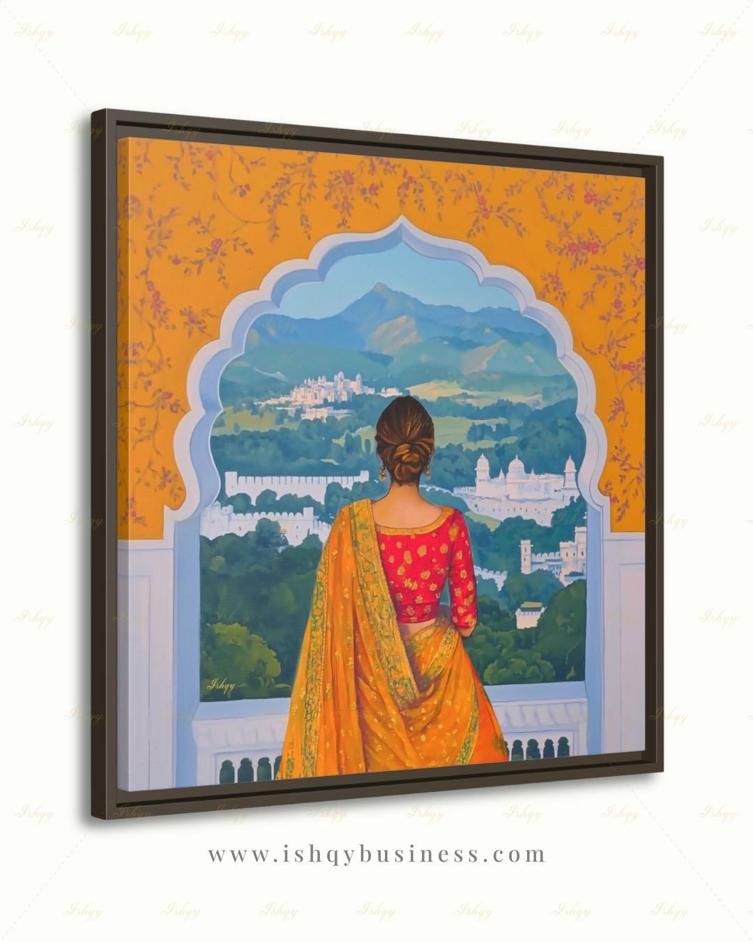 Back-view artwork of a woman in a marigold and red embroidered saree with an updo, looking through a scalloped Mughal archway at a landscape of white hilltop palaces, green hills, and blue mountains, with floral motifs on an orange border.