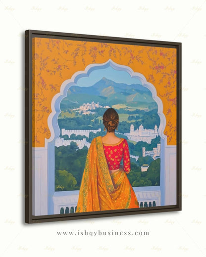 Back-view artwork of a woman in a marigold and red embroidered saree with an updo, looking through a scalloped Mughal archway at a landscape of white hilltop palaces, green hills, and blue mountains, with floral motifs on an orange border.