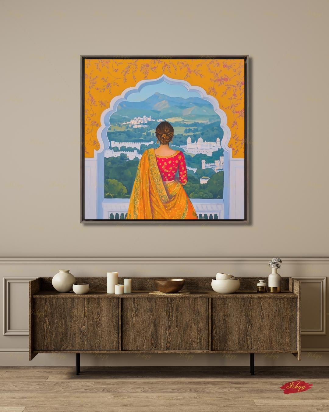 Back-view artwork of a woman in a marigold and red embroidered saree with an updo, looking through a scalloped Mughal archway at a landscape of white hilltop palaces, green hills, and blue mountains, with floral motifs on an orange border.