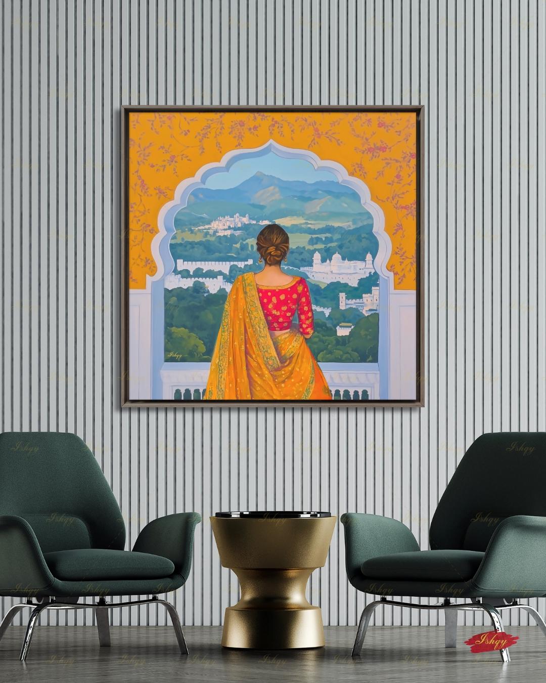 Back-view artwork of a woman in a marigold and red embroidered saree with an updo, looking through a scalloped Mughal archway at a landscape of white hilltop palaces, green hills, and blue mountains, with floral motifs on an orange border.
