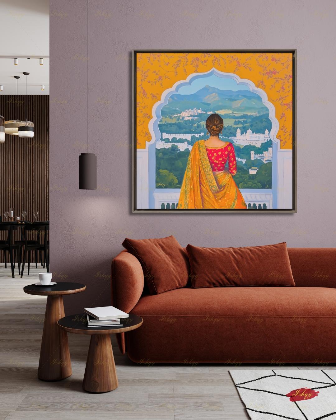 Back-view artwork of a woman in a marigold and red embroidered saree with an updo, looking through a scalloped Mughal archway at a landscape of white hilltop palaces, green hills, and blue mountains, with floral motifs on an orange border.