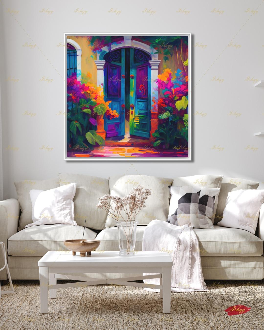 Mexican Door Canvas Wall Art, Colorful Arched Doorway Framed Canvas Print, Bougainvillea Boho Garden Oil Painting, Living Room Bedroom Decor