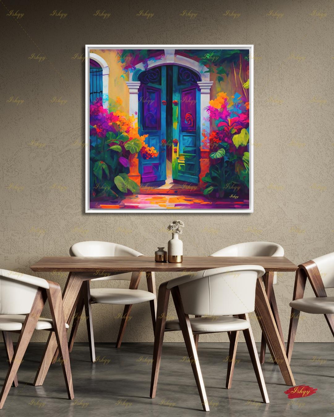 Mexican Door Canvas Wall Art, Colorful Arched Doorway Framed Canvas Print, Bougainvillea Boho Garden Oil Painting, Living Room Bedroom Decor