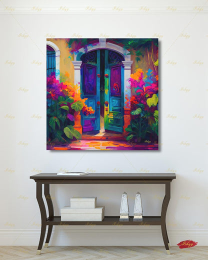 Mexican Door Canvas Wall Art, Colorful Arched Doorway Framed Canvas Print, Bougainvillea Boho Garden Oil Painting, Living Room Bedroom Decor