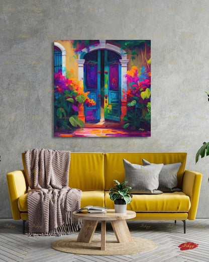 Mexican Door Canvas Wall Art, Colorful Arched Doorway Framed Canvas Print, Bougainvillea Boho Garden Oil Painting, Living Room Bedroom Decor