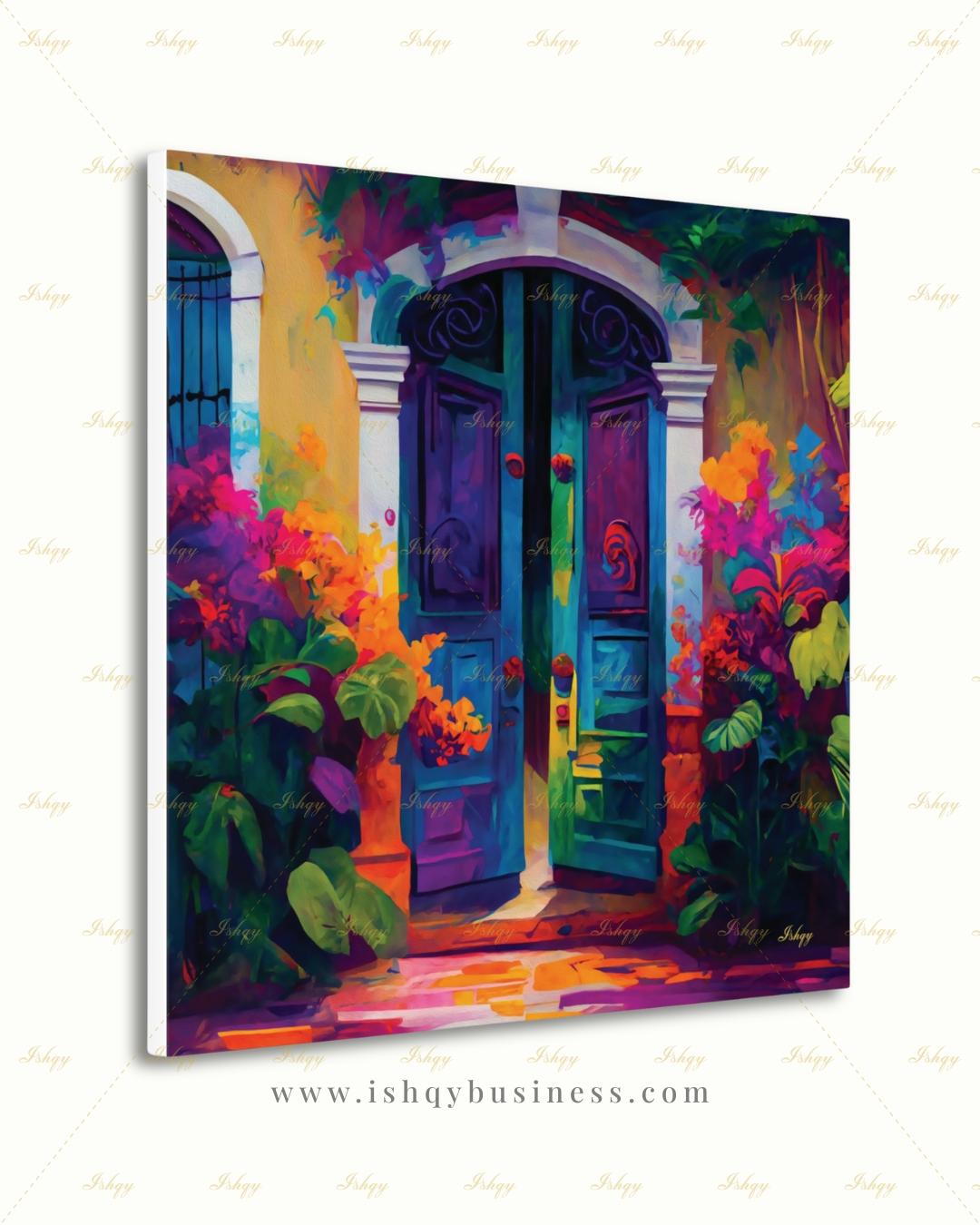 Mexican Door Canvas Wall Art, Colorful Arched Doorway Framed Canvas Print, Bougainvillea Boho Garden Oil Painting, Living Room Bedroom Decor