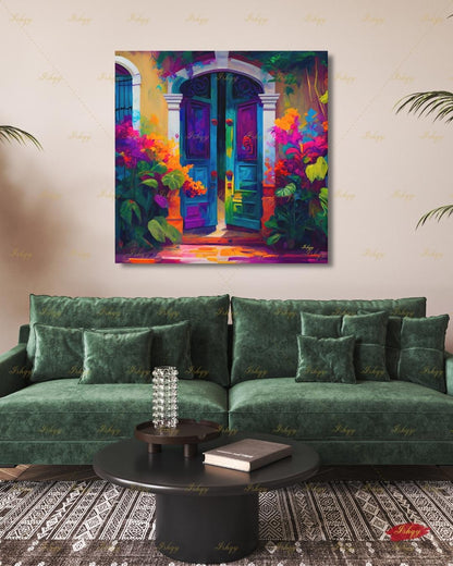 Mexican Door Canvas Wall Art, Colorful Arched Doorway Framed Canvas Print, Bougainvillea Boho Garden Oil Painting, Living Room Bedroom Decor