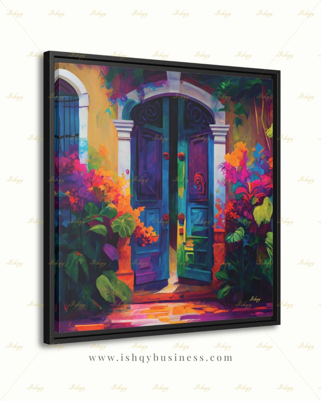 Mexican Door Canvas Wall Art, Colorful Arched Doorway Framed Canvas Print, Bougainvillea Boho Garden Oil Painting, Living Room Bedroom Decor