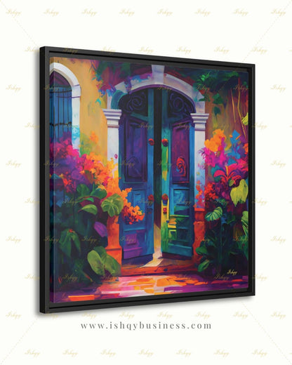 Mexican Door Canvas Wall Art, Colorful Arched Doorway Framed Canvas Print, Bougainvillea Boho Garden Oil Painting, Living Room Bedroom Decor
