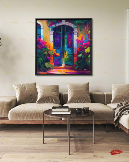 Mexican Door Canvas Wall Art, Colorful Arched Doorway Framed Canvas Print, Bougainvillea Boho Garden Oil Painting, Living Room Bedroom Decor
