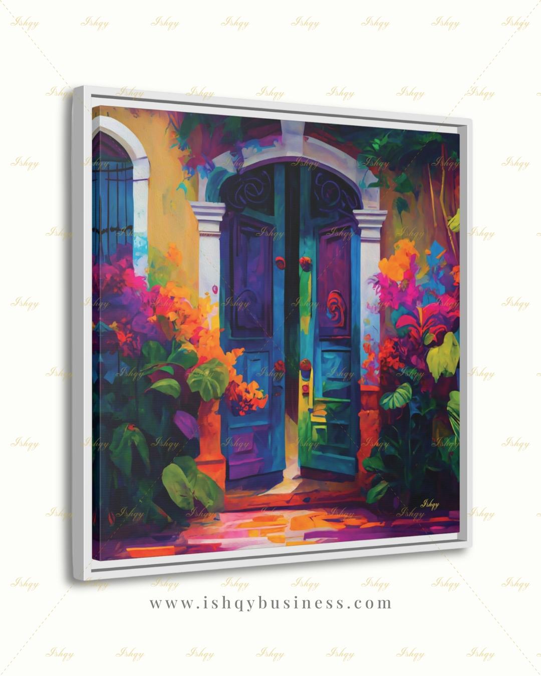Mexican Door Canvas Wall Art, Colorful Arched Doorway Framed Canvas Print, Bougainvillea Boho Garden Oil Painting, Living Room Bedroom Decor