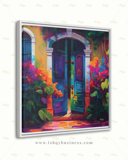 Mexican Door Canvas Wall Art, Colorful Arched Doorway Framed Canvas Print, Bougainvillea Boho Garden Oil Painting, Living Room Bedroom Decor