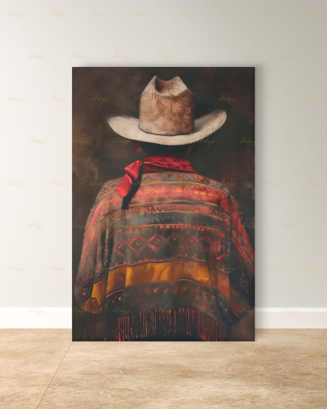 Mexican Cowboy Wall Art, Charro Poncho Canvas Print, Dark Moody Latin Man Decor, Western Folk Art, Boho Framed Canvas, Gift for Him