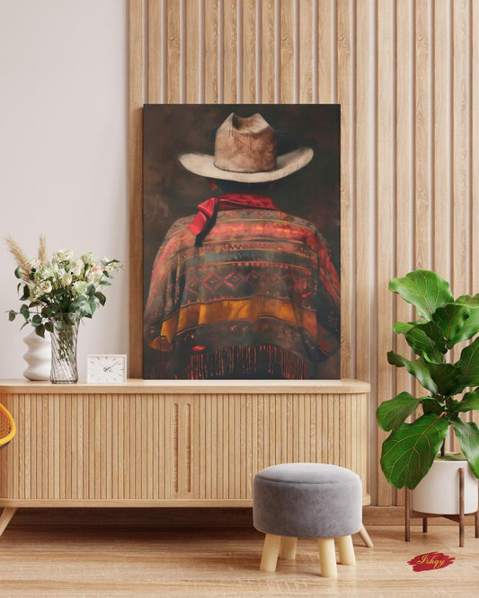 Mexican Cowboy Wall Art, Western Rustic Canvas Painting Print, Vintage Charro Poncho Artwork with Hat for Farmhouse or Southwestern Decor