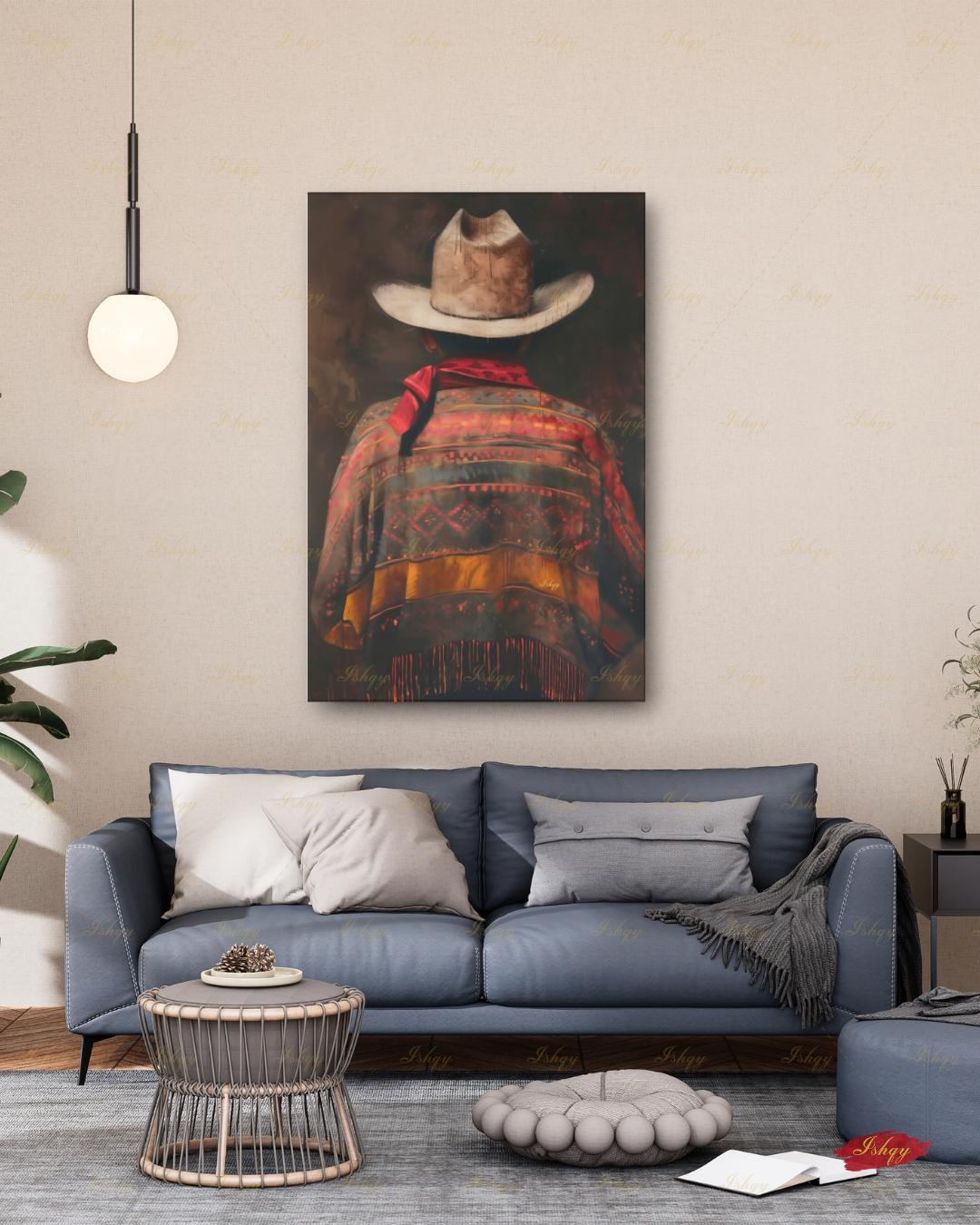 Mexican Cowboy Wall Art, Charro Poncho Canvas Print, Dark Moody Latin Man Decor, Western Folk Art, Boho Framed Canvas, Gift for Him