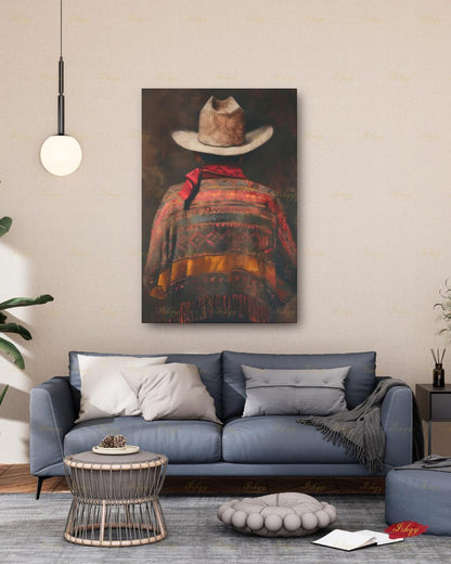 Mexican Cowboy Wall Art, Charro Poncho Canvas Print, Dark Moody Latin Man Decor, Western Folk Art, Boho Framed Canvas, Gift for Him