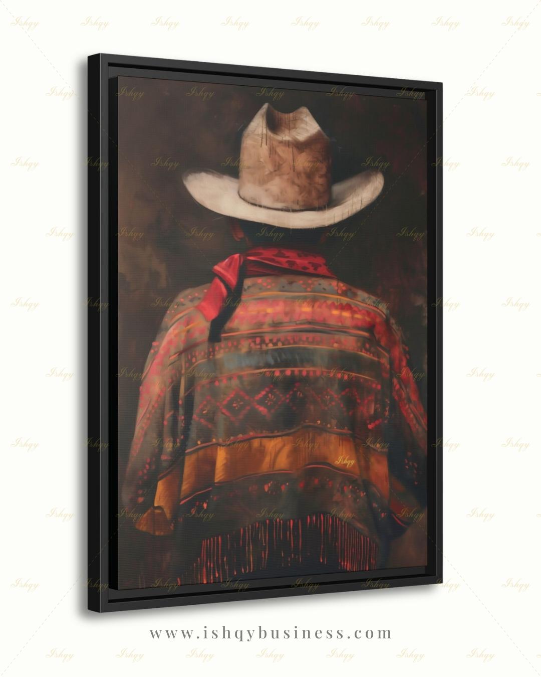 Mexican Cowboy Wall Art, Charro Poncho Canvas Print, Dark Moody Latin Man Decor, Western Folk Art, Boho Framed Canvas, Gift for Him
