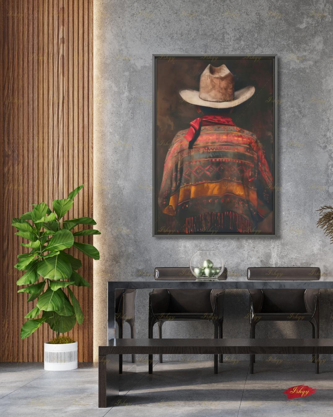 Mexican Cowboy Wall Art, Charro Poncho Canvas Print, Dark Moody Latin Man Decor, Western Folk Art, Boho Framed Canvas, Gift for Him