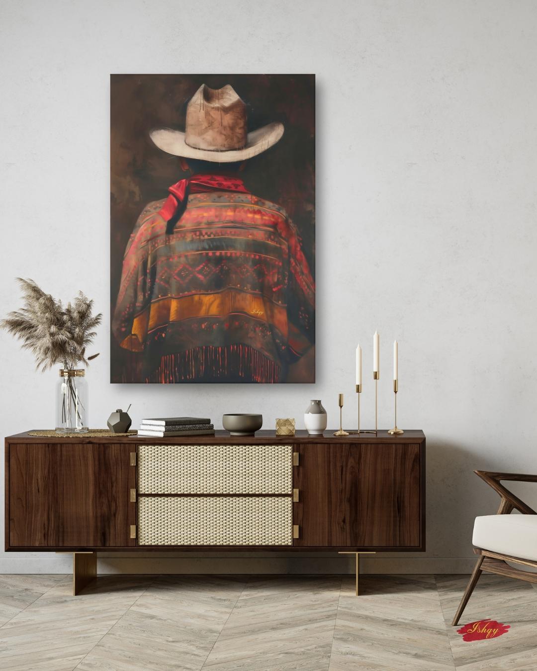 Mexican Cowboy Wall Art, Western Rustic Canvas Painting Print, Vintage Charro Poncho Artwork with Hat for Farmhouse or Southwestern Decor